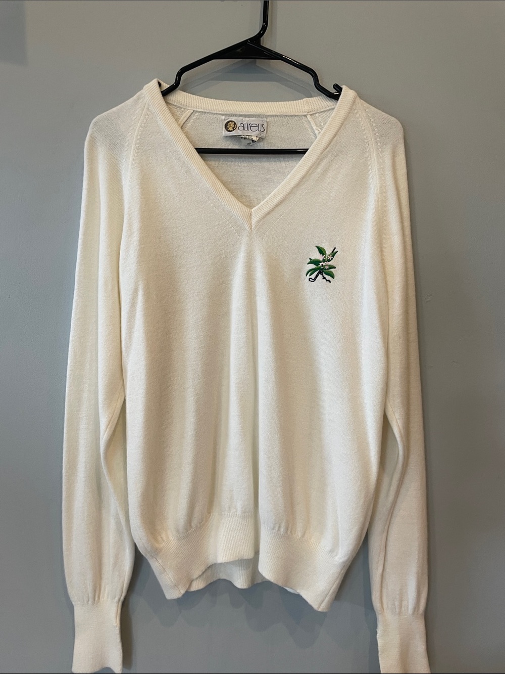 Cream V-Neck Sweater with Green Embroidered Detail medium acrylic
